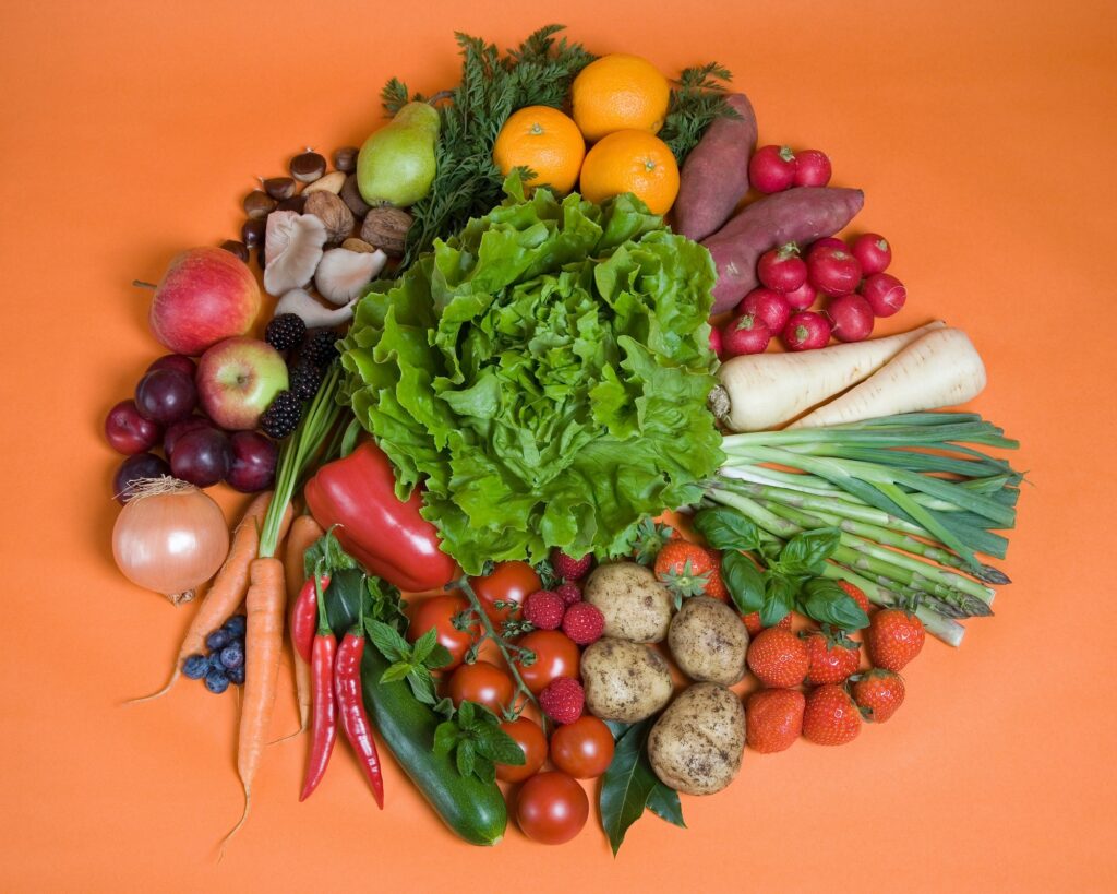 Circle of seasonal fruits and vegetables